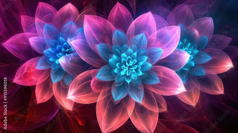 Neon dynamic flowers in pink, purple, and blue hues on a dark red background, glowing with powerful light energy for meditation Neon dynamic flowers in pink, purple, and blue hues on a dark red background, glowing with powerful light energy for meditation