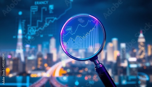 high-tech magnifying glass with neon blue and purple lights examining floating holographic financial graphs and data streams futuristic cityscape in the background intricate d photo