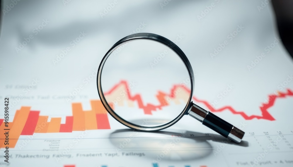 Fototapeta premium magnifying glass positioned centrally highlighting financial charts with sharp angles and vivid hues surrounding shapes swirl dramatically creating a sense of motion and anal