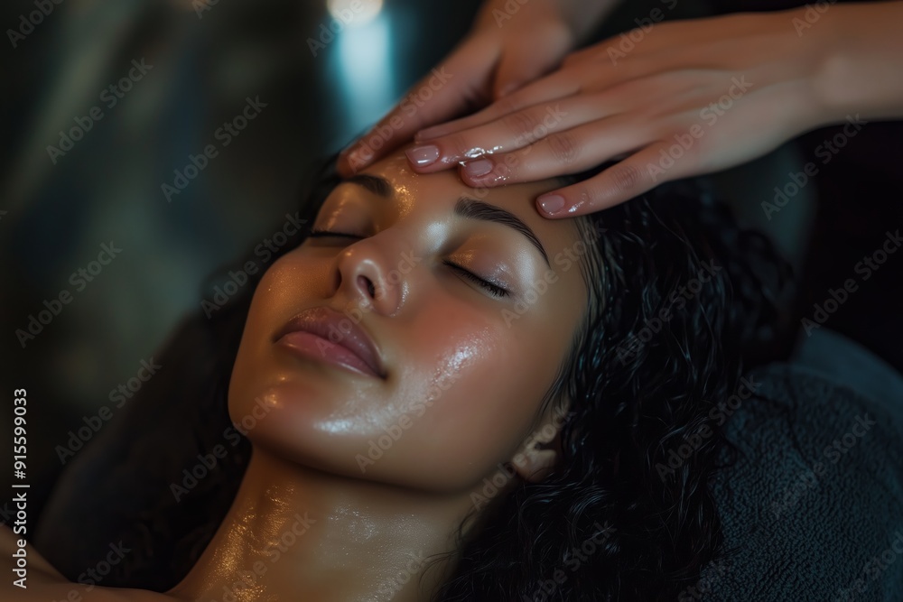 Naklejka premium A woman enjoys a relaxing facial treatment at a spa in the early evening