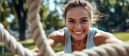 Happy woman exercising with...