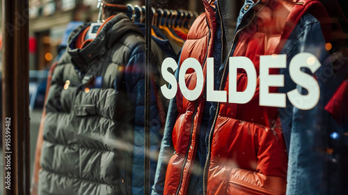 Texte SOLDES collé sur une vitrine de magasin de vêtement pour les soldes d'hiver