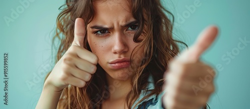 Image of a young beautiful girl who is indecisive demonstrating a thumbs up and thumbs down appearing uncertain against a white background. with copy space image. Place for adding text or design