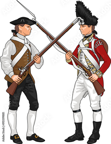 Minuteman and British Grenadier from American Revolutionary War Clashing Each Others Weapons, Illustration Isolated on White Background, EPS 10 Vector