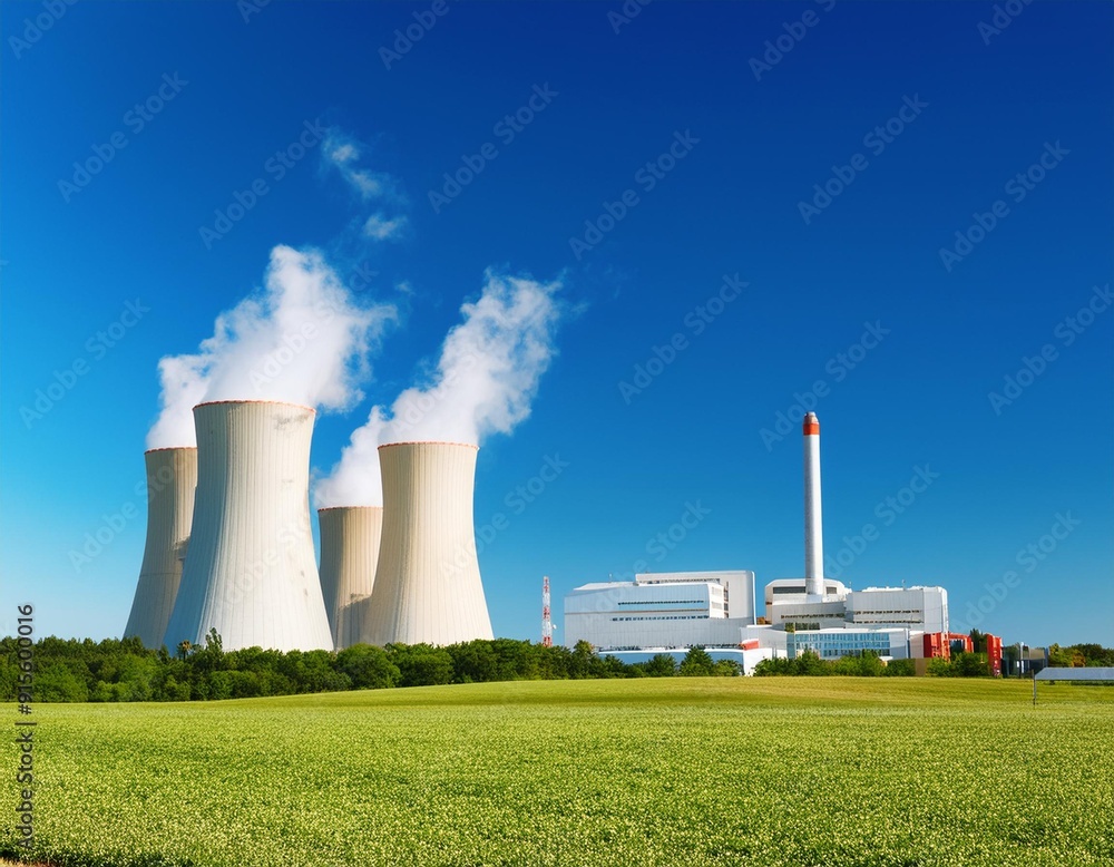 Sunny day landscape showing a Nuclear power Plant with smoke against a blue sky Sunny day landscape showing a Nuclear power Plant with smoke against a blue sky
