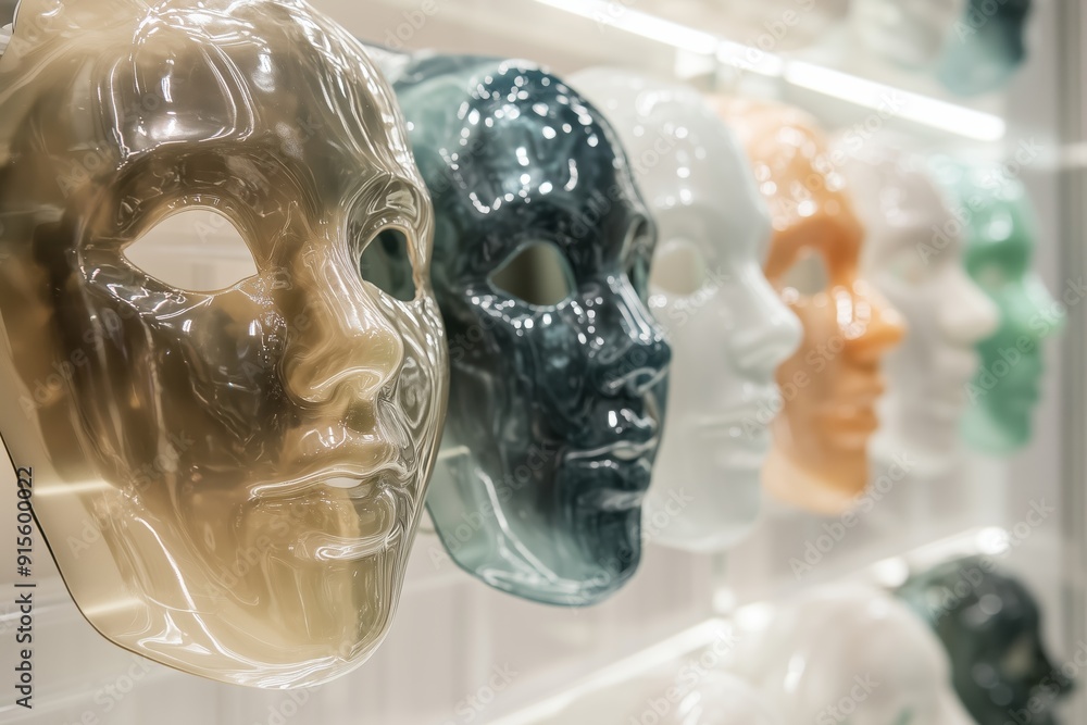 Naklejka premium Collection of Colorful Decorative Masks Displayed on a Wall in Art Gallery