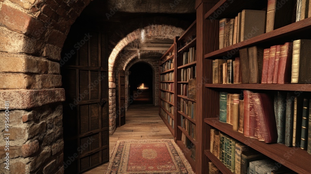 Mysterious Library in a Dark Stone Building Mysterious Library in a Dark Stone Building
