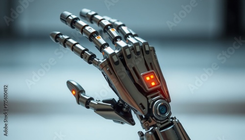 ultra-detailed prosthetic hand with metallic finish displaying complex joint mechanisms and illuminated sensors placed in front of a soft-focus background emphasizing its adv photo