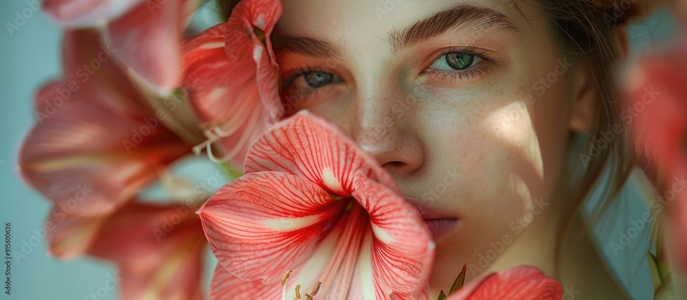 A portrait featuring a cluster amaryllis alongside a woman. with copy space image. Place for adding text or design A portrait featuring a cluster amaryllis alongside a woman. with copy space image. Place for adding text or design
