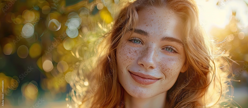 Fototapeta premium A beautiful young girl with a radiant light portrait. with copy space image. Place for adding text or design