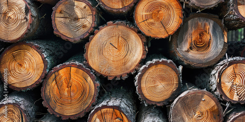 Close-up of Stacked Tree Logs Revealing Growth Rings. photo