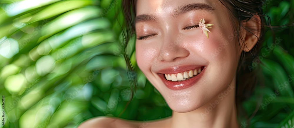 Beautiful woman with a charming smile showcasing healthy skin teeth and hair against a natural green backdrop representing Asian beauty. with copy space image. Place for adding text or design Beautiful woman with a charming smile showcasing healthy skin teeth and hair against a natural green backdrop representing Asian beauty. with copy space image. Place for adding text or design