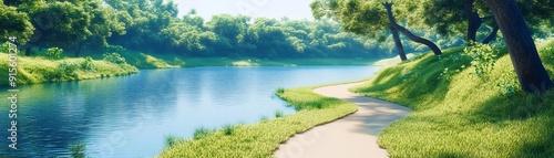 Riverbank with a winding walking path, shaded by trees, inviting and tranquil outdoor space