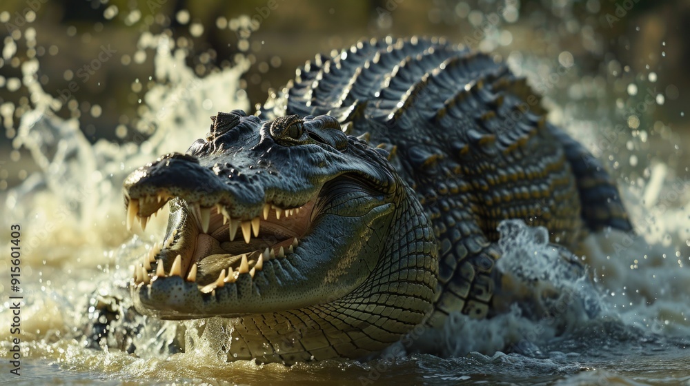 Obraz premium Image shows a fierce alligator in a river at sunset. With open mouth and yellow eyes, it exudes power and wildness, set against a tropical backdrop.