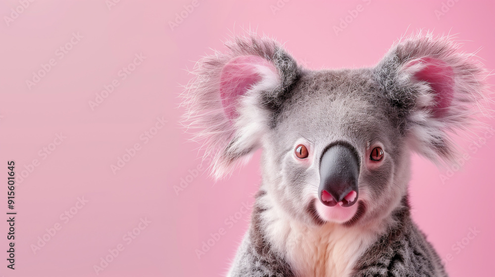 Adorable portrait of funny young koala with big pink ears against light pink backdrop with empty space Adorable portrait of funny young koala with big pink ears against light pink backdrop with empty space
