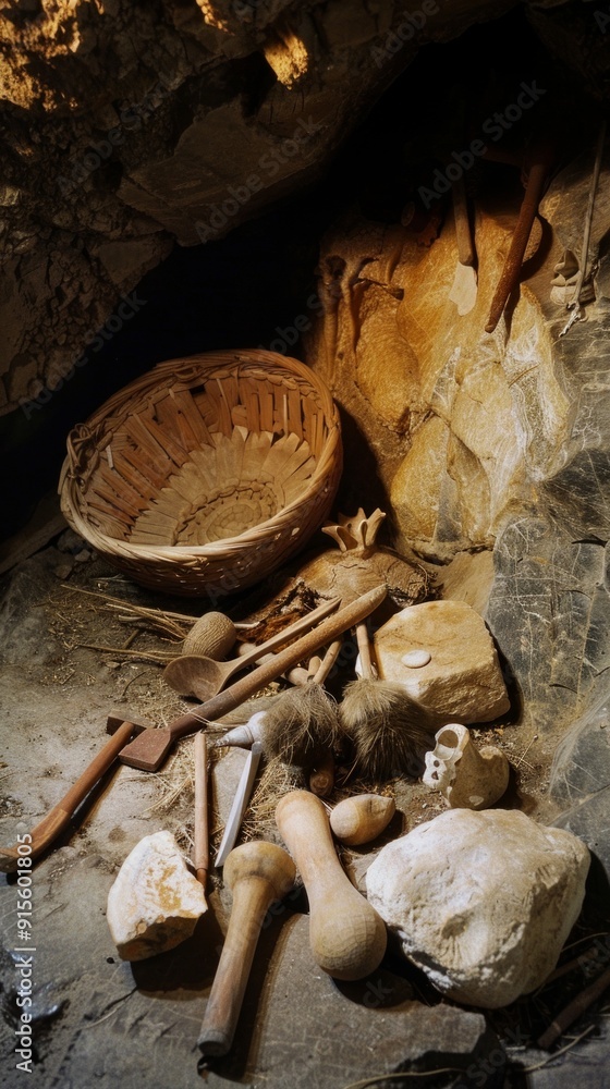 An archaeological site in a cave displays stone tools, bones, and ...