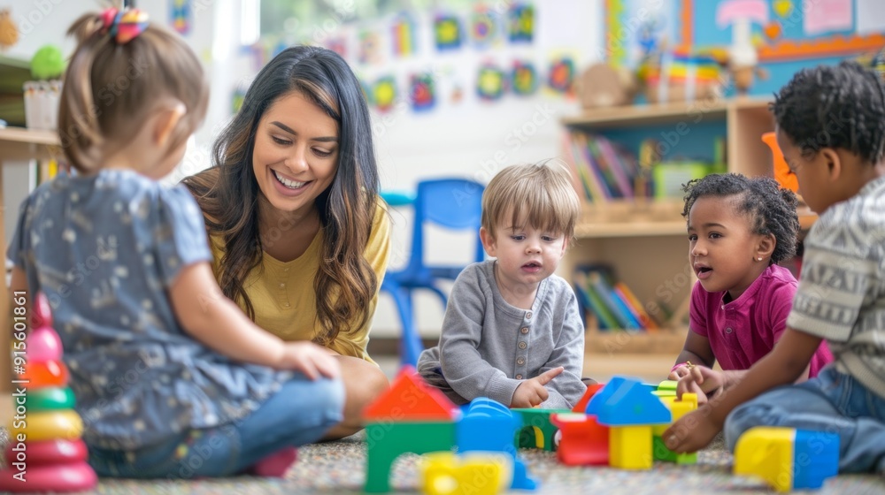 In a classroom, a teacher and four kids play with colorful blocks, creating a fun and educational environment. Teacher participates, fostering learning and interaction. In a classroom, a teacher and four kids play with colorful blocks, creating a fun and educational environment. Teacher participates, fostering learning and interaction.