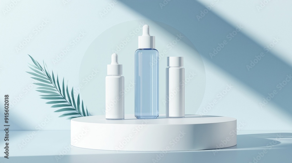 Cosmetics blue and white color bottles on podium with soft light and white background mock up Cosmetics blue and white color bottles on podium with soft light and white background mock up