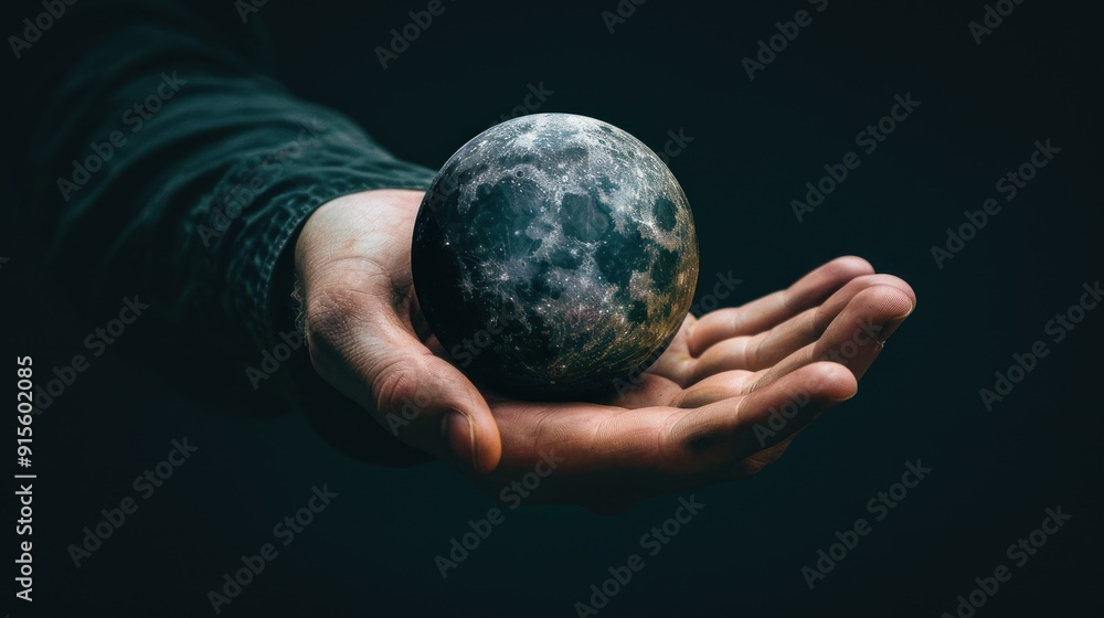 Hand holding a miniature moon with craters and stars. Hand holding a miniature moon with craters and stars.