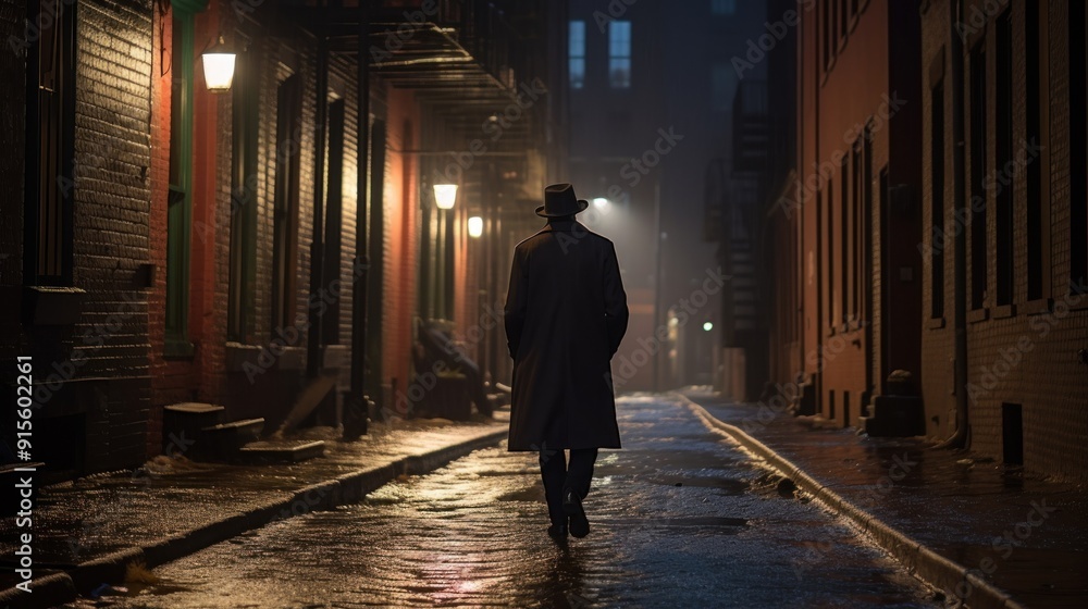 A lone man walks down a dark and foggy alleyway at night A lone man walks down a dark and foggy alleyway at night