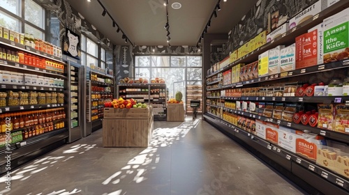 The image shows a well-organized grocery store with bright lighting, stocked shelves, and a spacious layout, emphasizing customer experience and convenience.