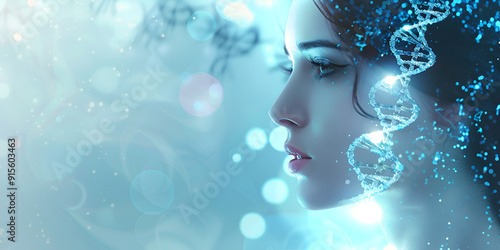 Futuristic Woman with DNA Helix and Sparkling Elements - Biotechnology and Genetic Engineering Art