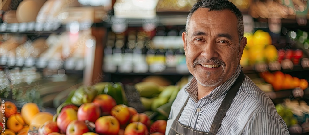 Obraz premium Middle aged Latin man owner of an organic grocery store gazing at the camera with a credit card in hand demonstrating the ease of payment copy space