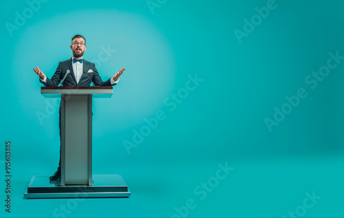 homme en train de faire un discours derrière un pupitre - fond bleu	
