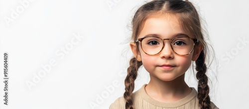 Beautiful girl child wearing glasses on a white background with copyspace