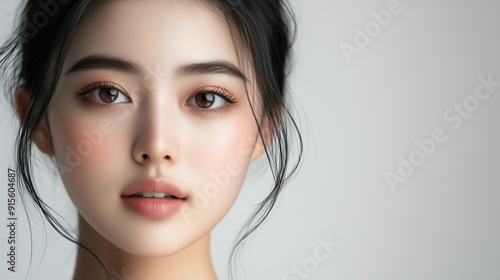 Young woman with natural makeup posing thoughtfully against a neutral backdrop indoors during daylight hours