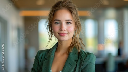Professional portrait of a young woman wearing a vibrant green blazer, exuding confidence and ambition, set against a neutral backdrop, ideal for corporate profiles. Free Download Professional portrait of a young woman wearing a vibrant green blazer, exuding confidence and ambition, set against a neutral backdrop, ideal for corporate profiles. - GFXLoad