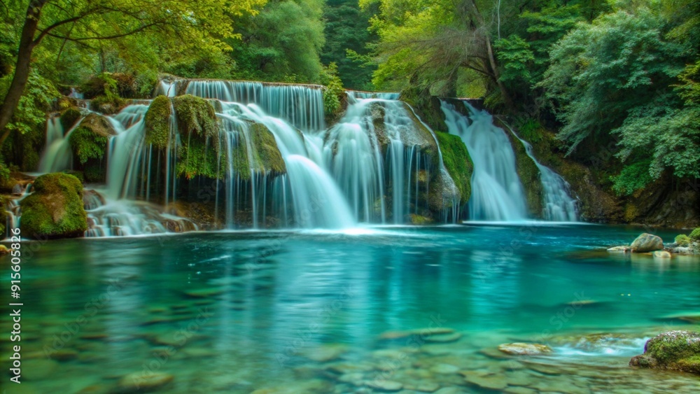 Serene Crystal Clear Waterfall Scene in Nature Serene Crystal Clear Waterfall Scene in Nature