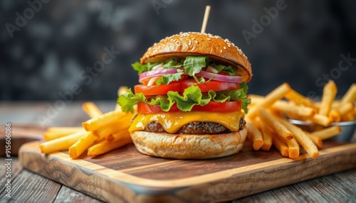 a delectable gourmet burger overflowing with toppings like lettuce tomatoes and cheese is positioned on a rustic wooden board complemented by a generous serving of fries a photo