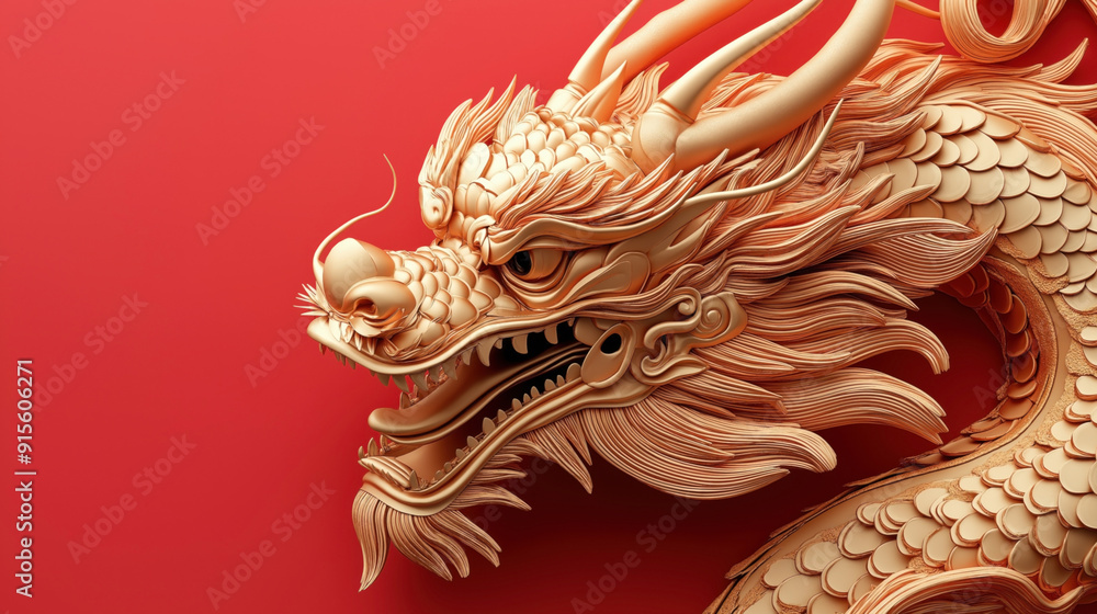 Ornate golden dragon illustration with intricate details on a red background. Ornate golden dragon illustration with intricate details on a red background.
