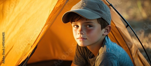 Young boy sitting inside a ...