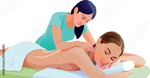 Masseuse giving back massage to relaxed woman in spa