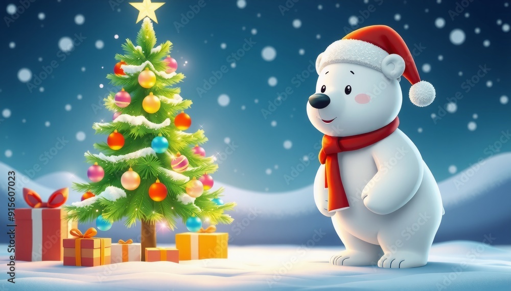 Cartoon-style 3D polar bear wearing a Santa hat standing to the right of a sparkling Christmas tree vibrant ornaments wrapped presents below snowflakes falling softly coz Cartoon-style 3D polar bear wearing a Santa hat standing to the right of a sparkling Christmas tree vibrant ornaments wrapped presents below snowflakes falling softly coz