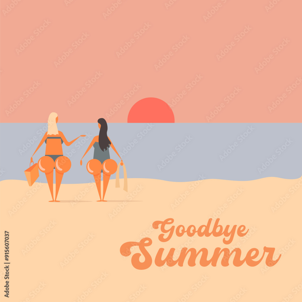 Summer goodbye concept illustration withTwo girlfriend with big booty walking on beach. Vector goodbye summer concept minimalistic illustration with woman , summer beach, ocean, sand and lighthouse. Summer goodbye concept illustration withTwo girlfriend with big booty walking on beach. Vector goodbye summer concept minimalistic illustration with woman , summer beach, ocean, sand and lighthouse.