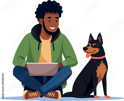 Young man working from home with his dog sitting on the desk