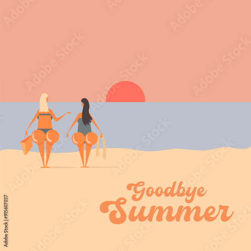 Summer goodbye concept illustration withTwo girlfriend with big booty walking on beach. Vector goodbye summer concept minimalistic illustration with woman , summer beach, ocean, sand and lighthouse.