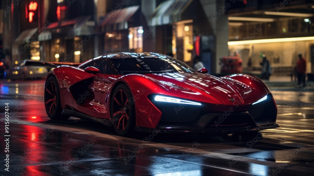 Red Sports Car in the City at Night Red Sports Car in the City at Night