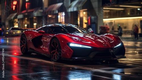 Red Sports Car in the City at Night