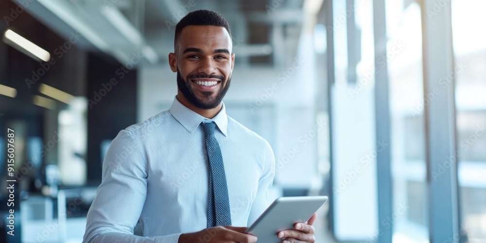 A businessman holds a tablet, possibly reviewing documents or data A businessman holds a tablet, possibly reviewing documents or data