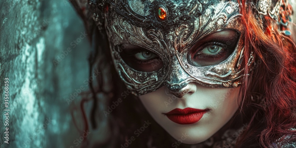 A close-up shot of a woman wearing a mask, great for concept art or mystery-themed designs A close-up shot of a woman wearing a mask, great for concept art or mystery-themed designs