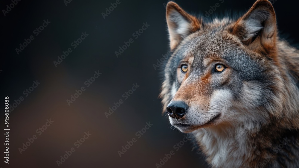 Close-up portrait of wolf with fur collar and intelligent gaze. Close-up portrait of wolf with fur collar and intelligent gaze.