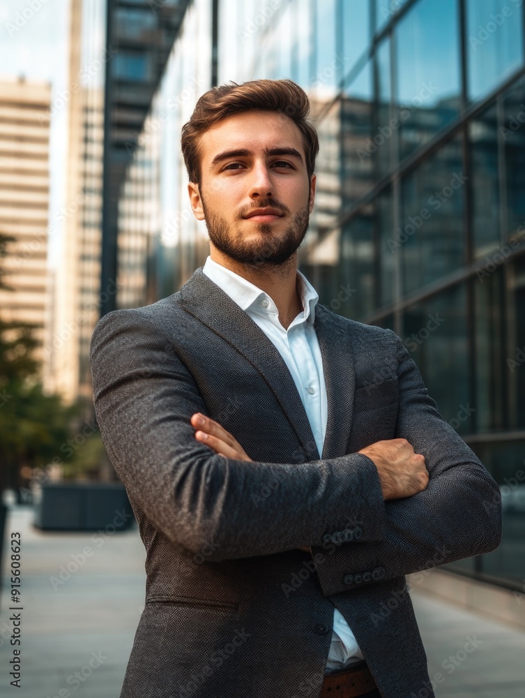 A professional man in a suit stands in front of a modern office building, possibly heading to work A professional man in a suit stands in front of a modern office building, possibly heading to work