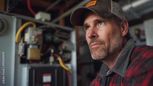 A technician in a hat is focused on inspecting equipment in a workshop, ensuring maintenance and service.