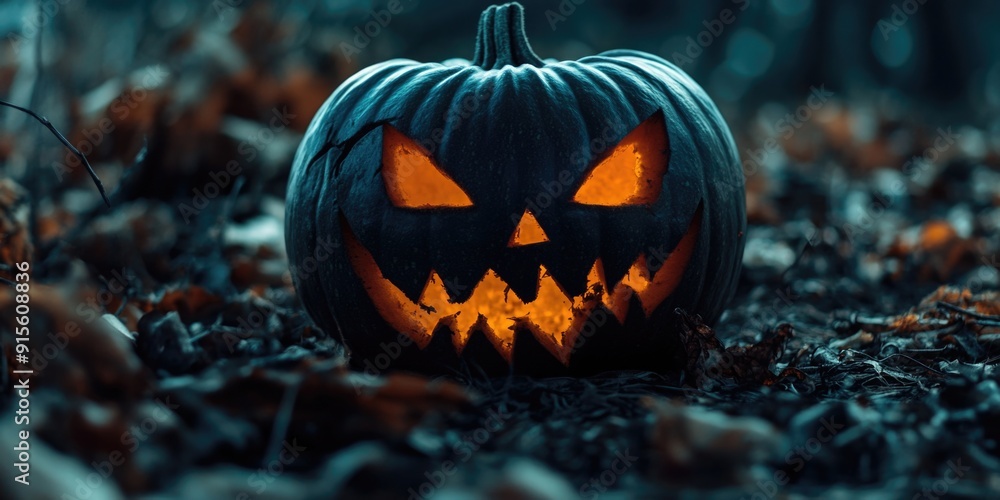 A halloween pumpkin sits in the middle of a field, surrounded by nature A halloween pumpkin sits in the middle of a field, surrounded by nature