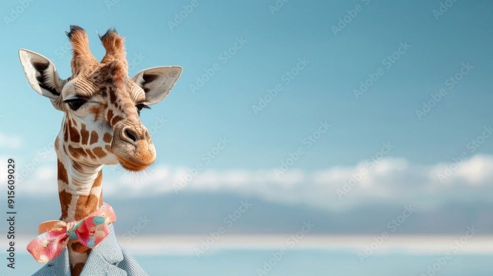 Obraz premium Stylish giraffe in tailored suit gazing at reflection in lake.