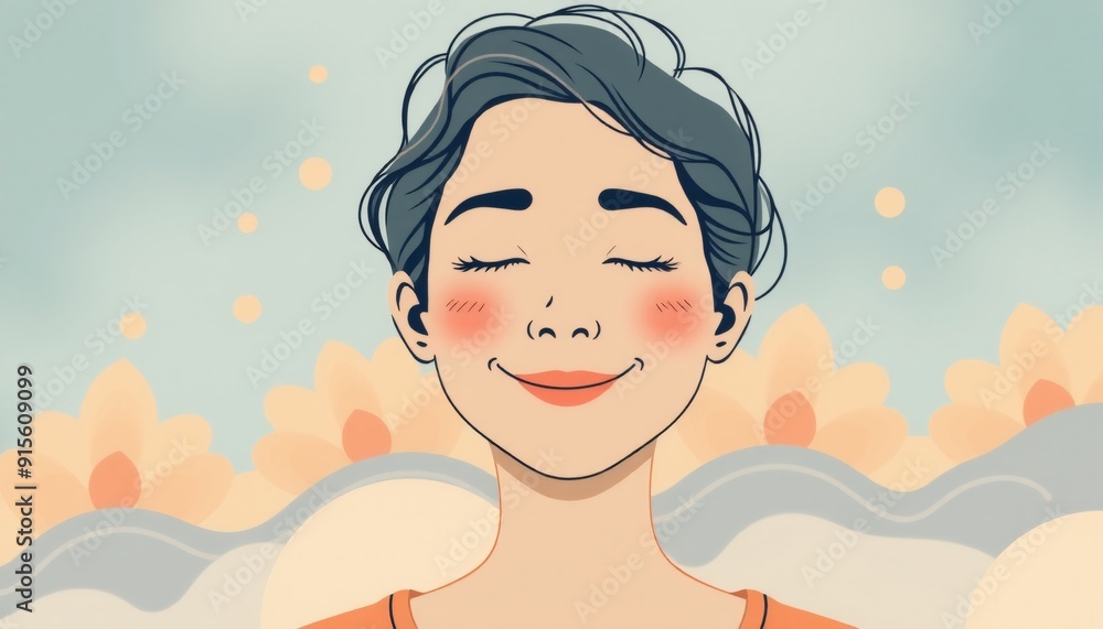 vector illustration of a content person with a gentle smile soft harmonious patterns and colors in the background highlighting a peaceful and serene state of mind vector illustration of a content person with a gentle smile soft harmonious patterns and colors in the background highlighting a peaceful and serene state of mind